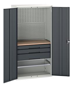 Verso multiplex worktop cupboard with 1 shelf, 3 drawers and louvre backpanels. WxDxH: 1050x550x2000mm. RAL 7035/5010 or selected Bott Verso Basic Tool Cupboards Cupboard with shelves